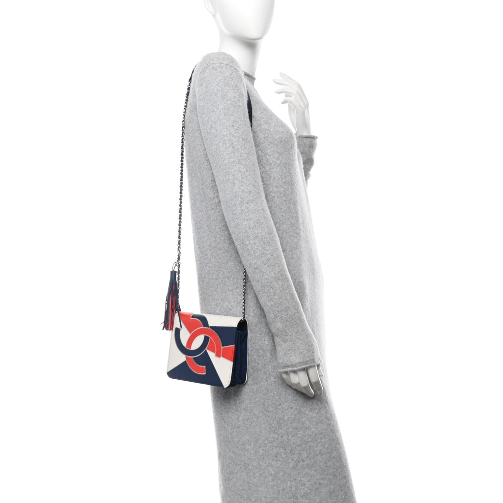 Lambskin Patchwork CC Tassel Crossbody Bag White Blue Red