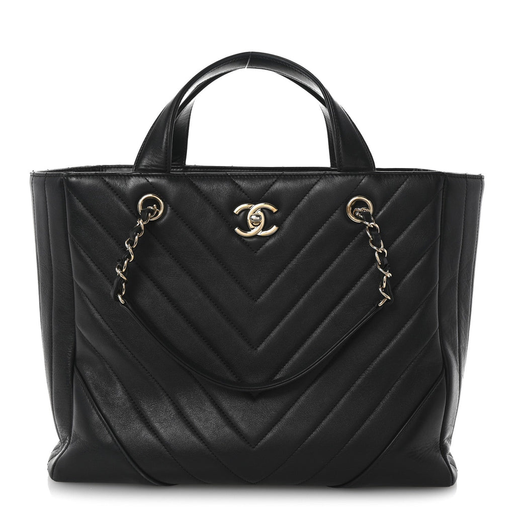 Calfskin Chevron Quilted Statement Shopping Tote Black