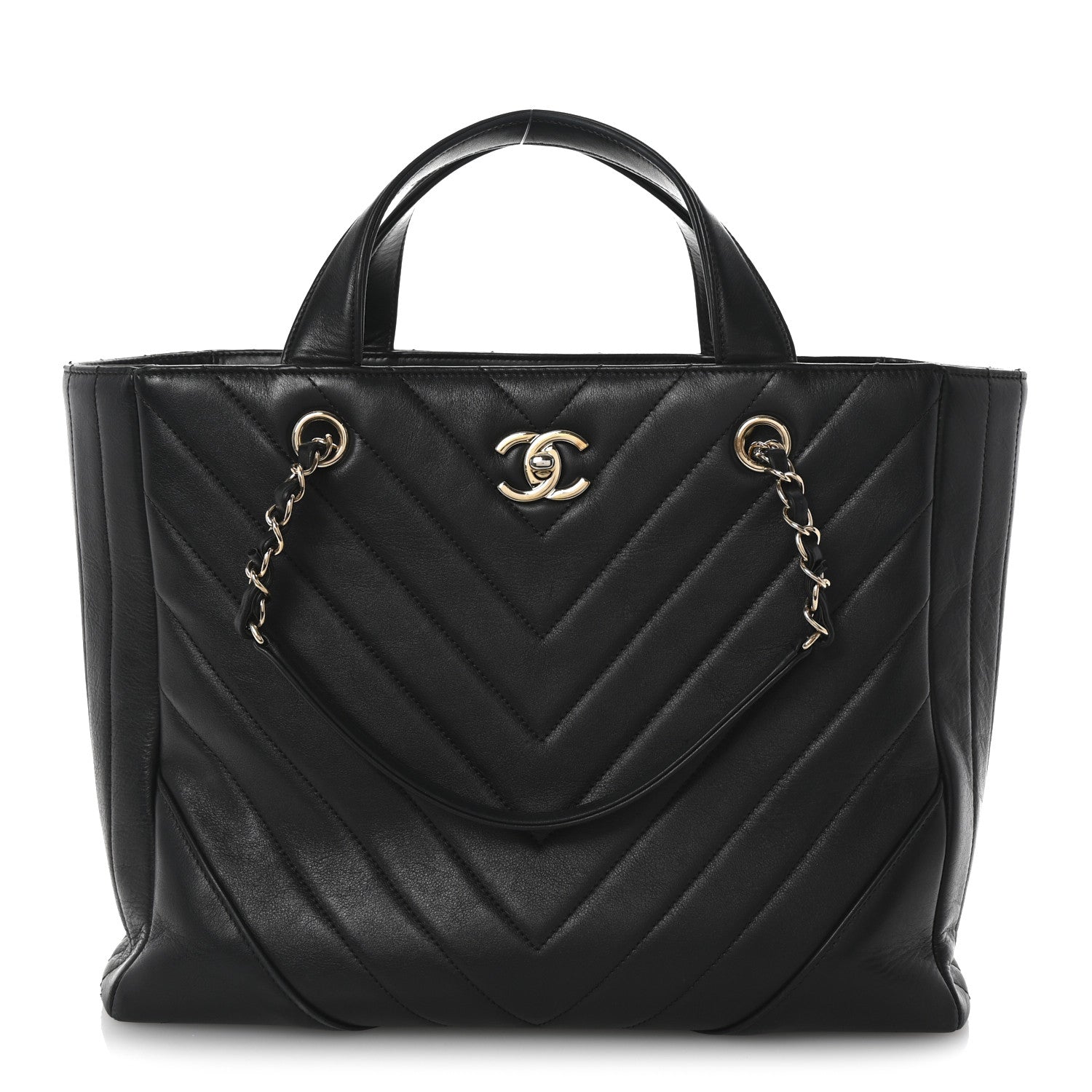 Calfskin Chevron Quilted Statement Shopping Tote Black