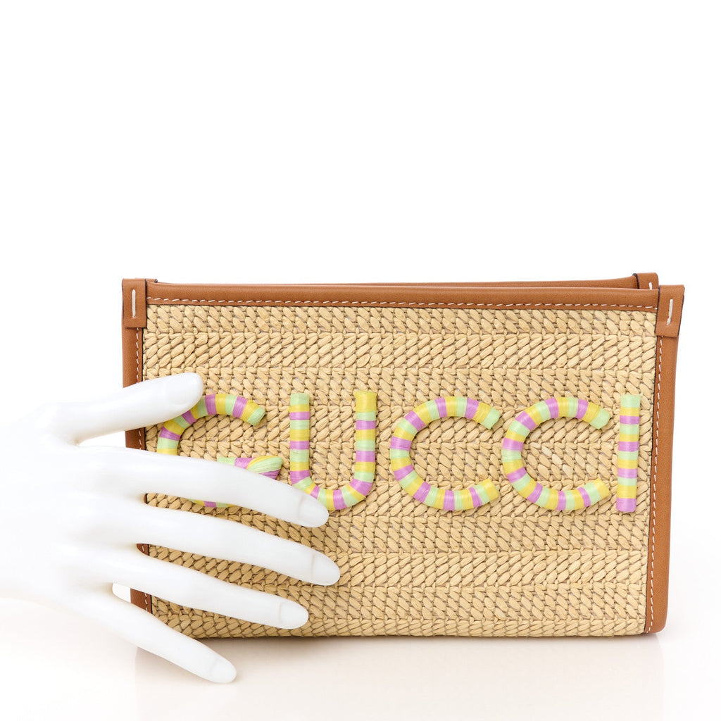 Straw Effect Raffia Calfskin Logo Wristlet Pouch Brown Multicolor