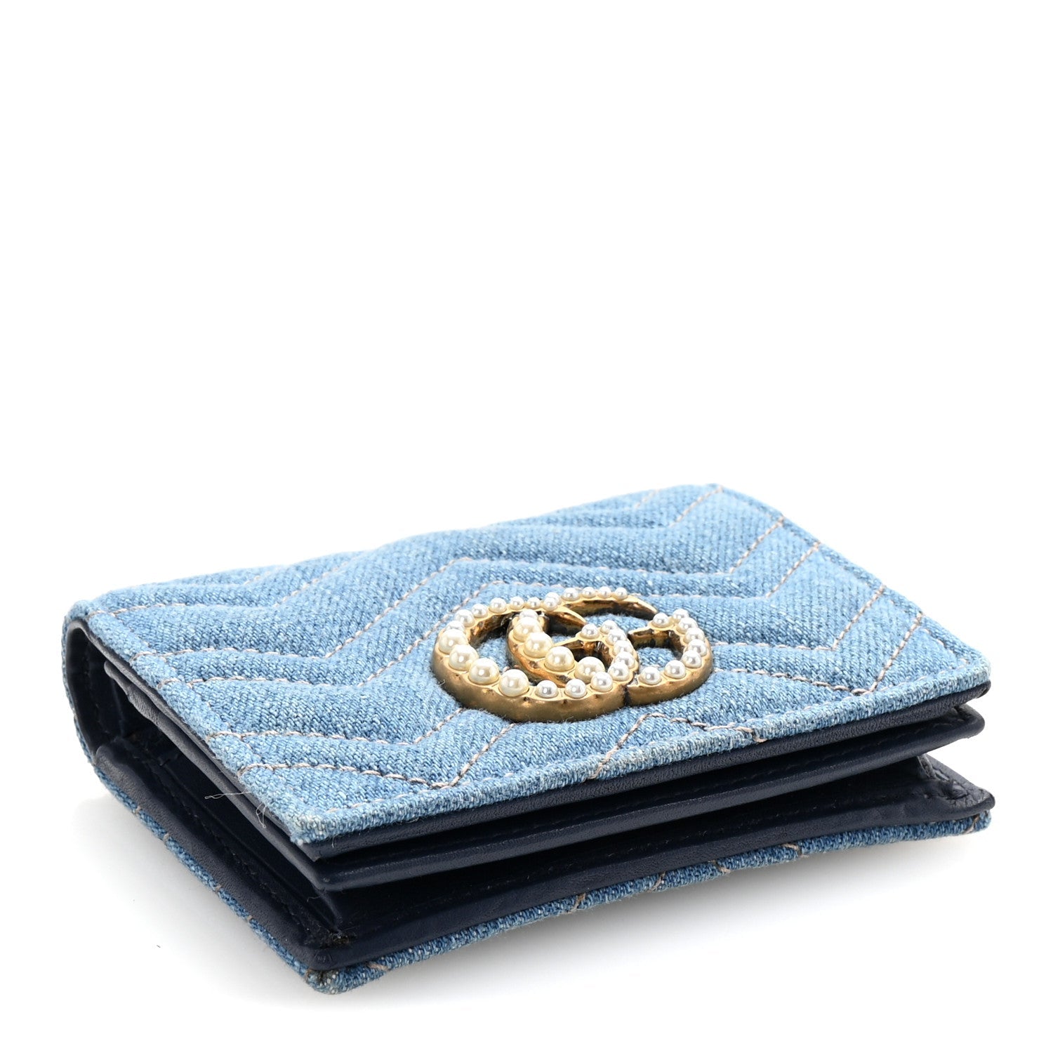 Denim Matelasse Pearly GG Marmont  Case Wallet Blue