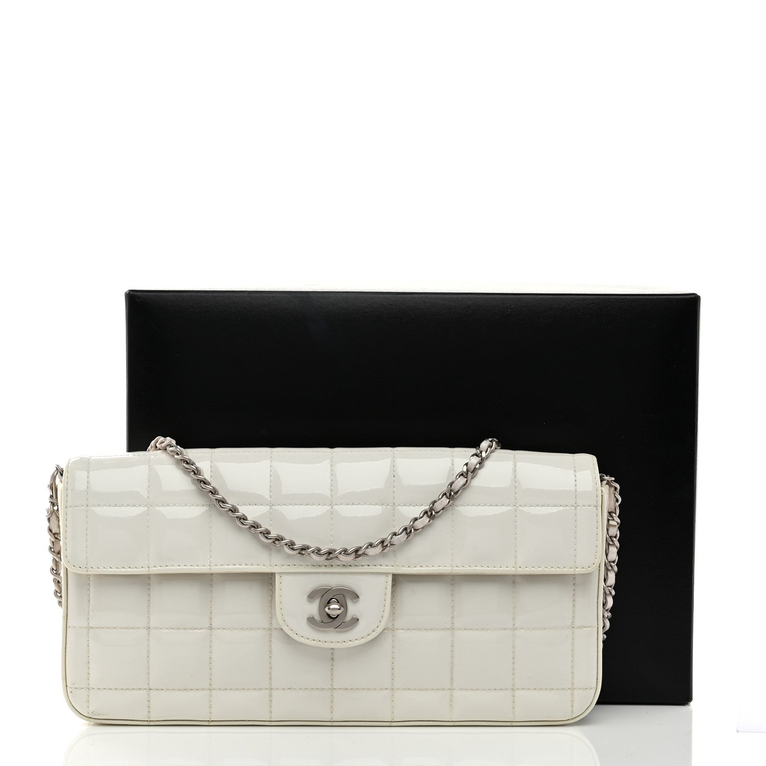 Patent Quilted East West Chocolate Bar Flap White