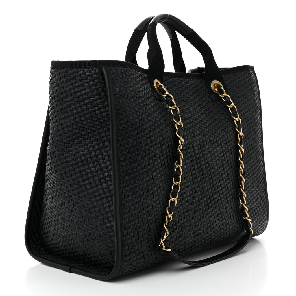 Straw Raffia Calfskin Chain Medium Deauville Tote Black