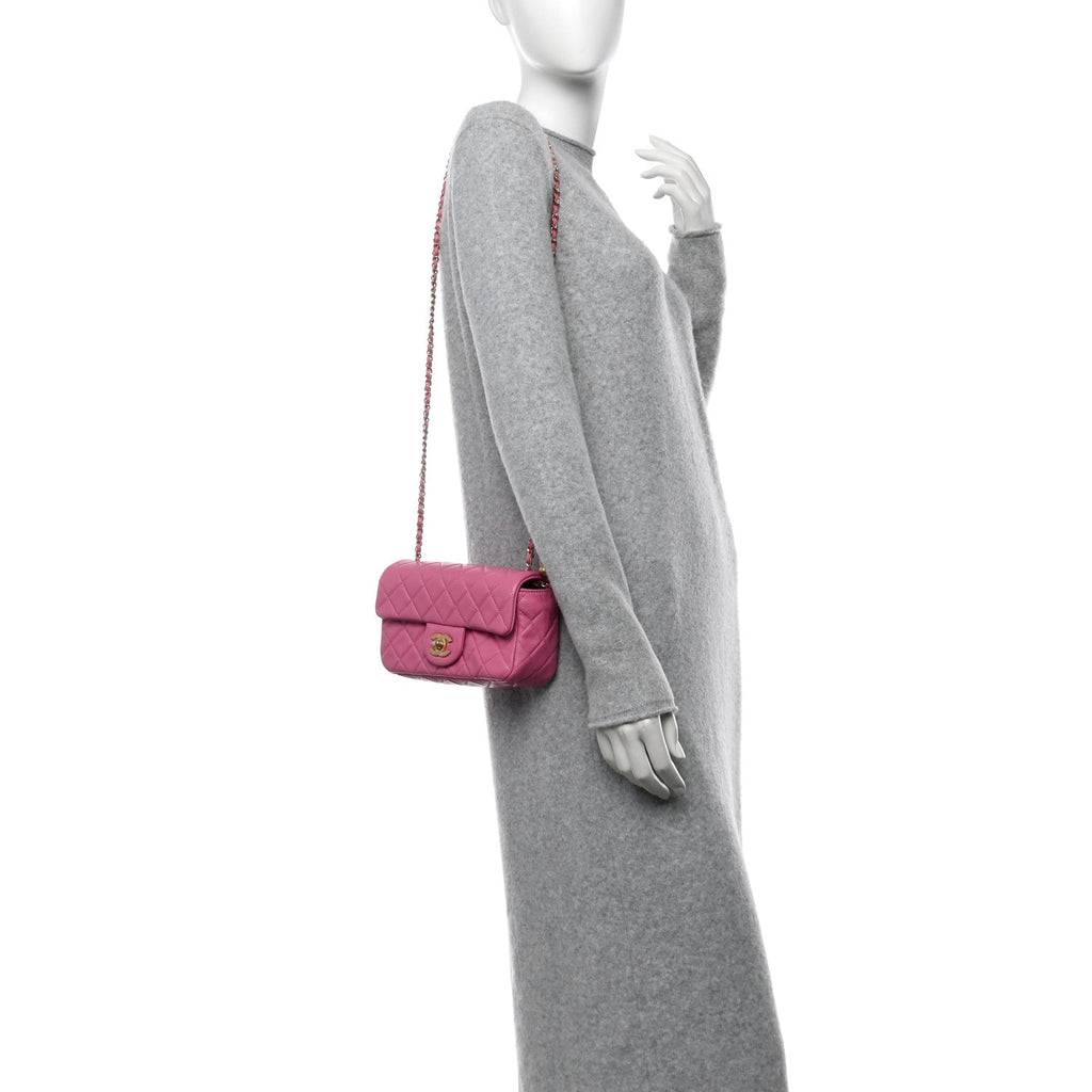 Lambskin Quilted Mini Rectangular Pearl Crush Flap Pink