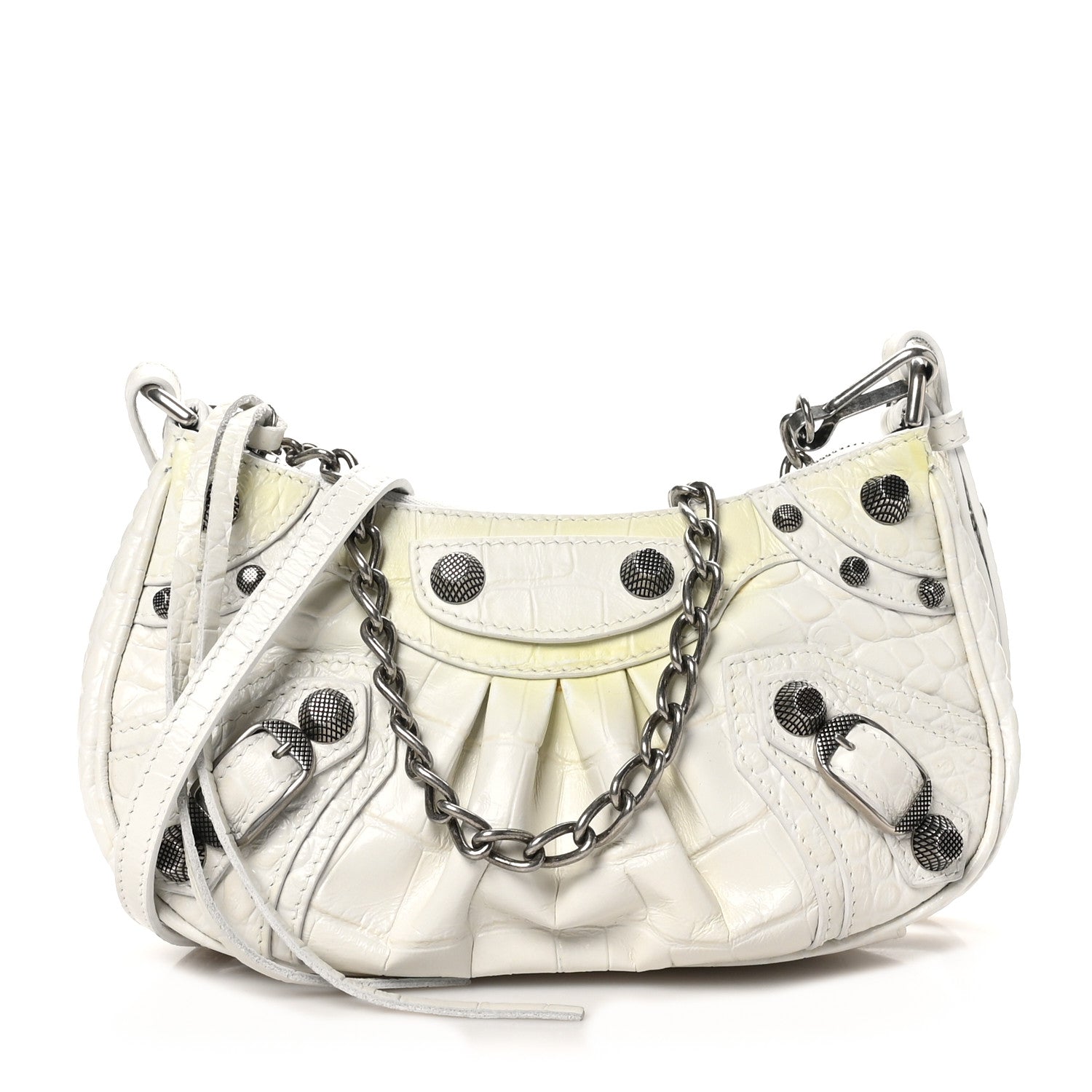 Extra Supple Calfskin Crocodile Embossed Le Cagole Mini Purse With Chain White