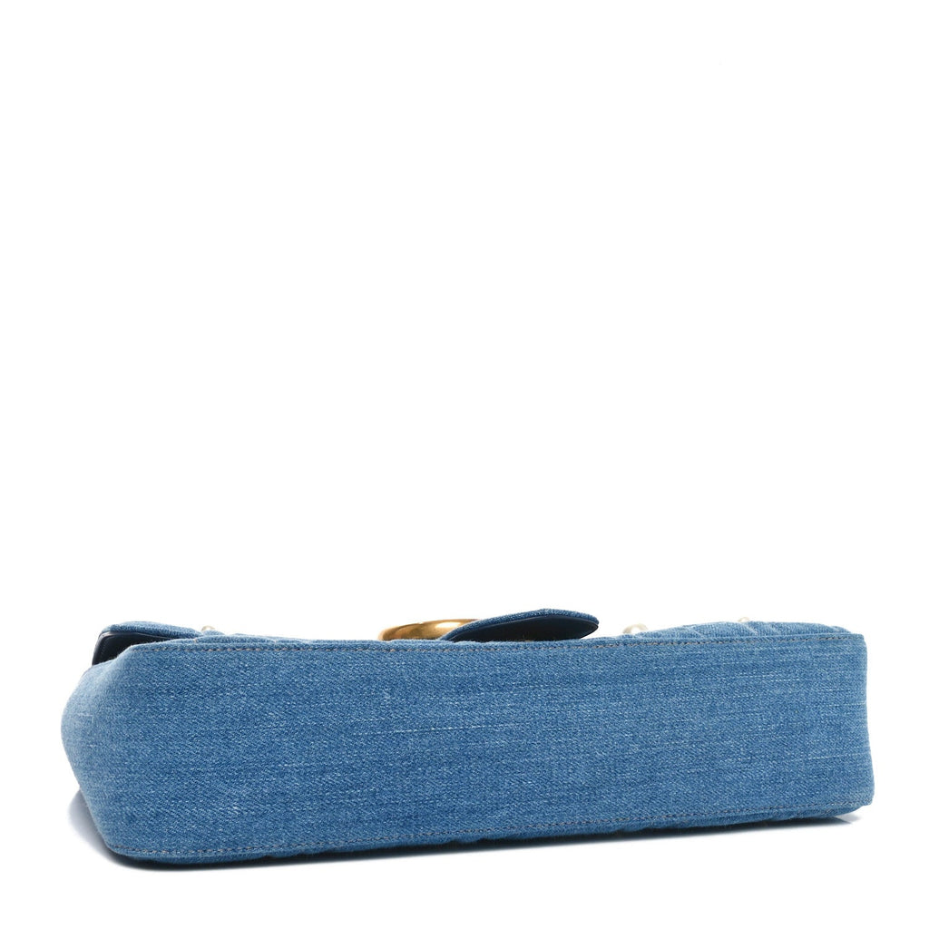 Kura Denim Matelasse Cubic Pearl Studded Medium GG Marmont Shoulder Bag Blue