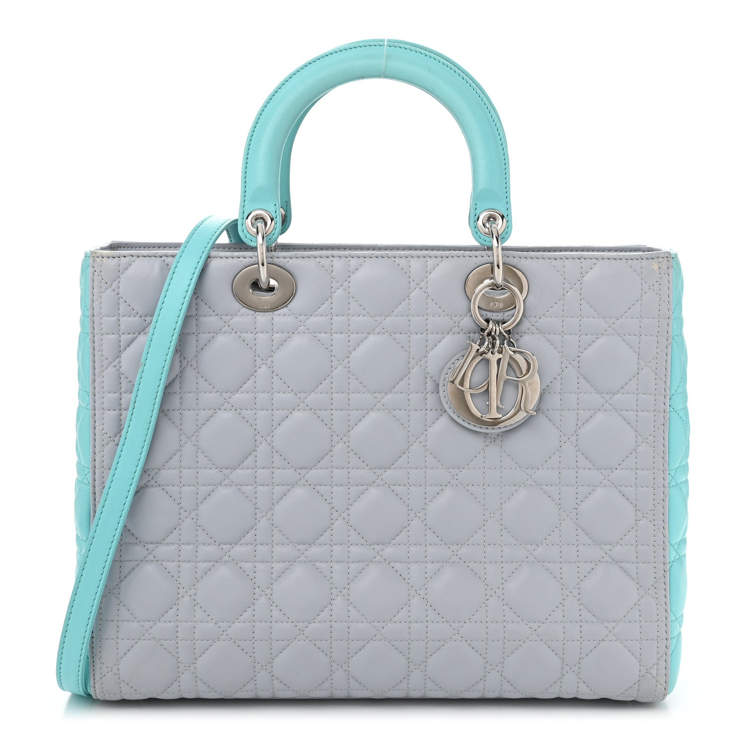 Lambskin Cannage Large Lady Dior Grey Turquoise