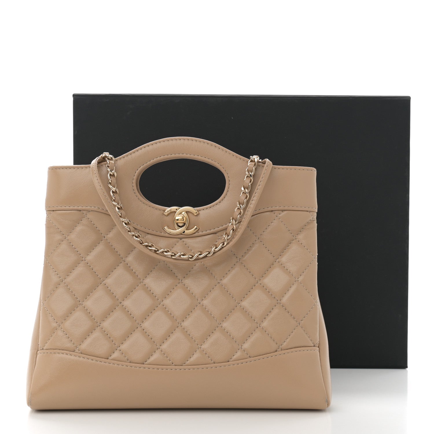 Shiny Crumpled Calfskin Quilted Mini 31 Shopping Bag Dark Beige
