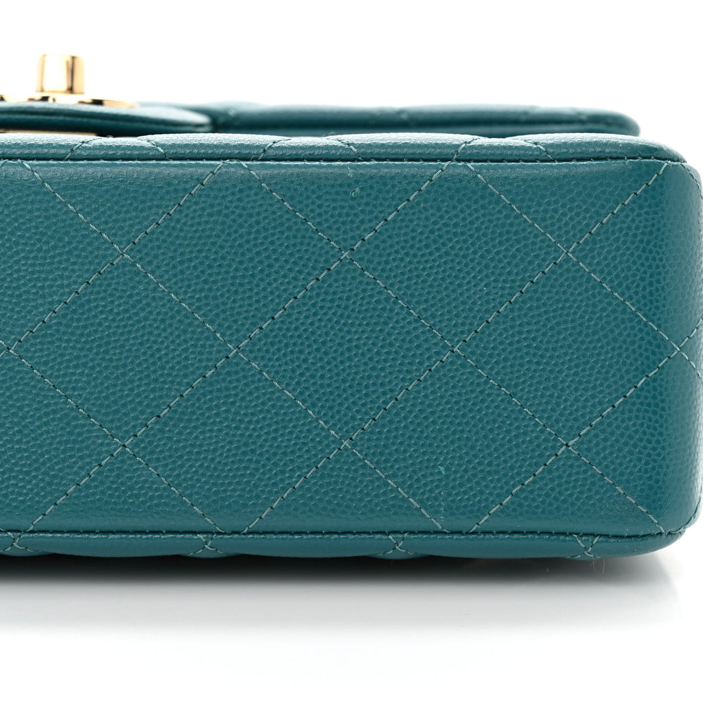 Caviar Quilted Small Double Flap Turquoise