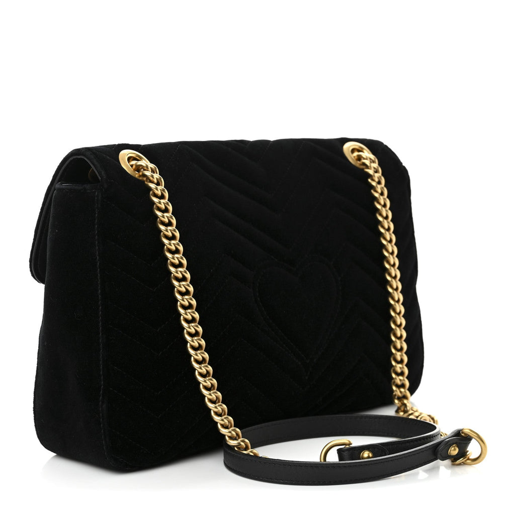 Velvet Matelasse Loved Embroidered Medium GG Marmont Shoulder Bag Black