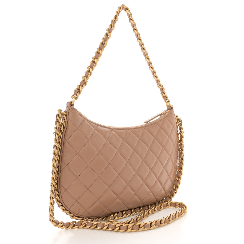 Shiny Crumpled Lambskin Quilted Large Trendy Chain Around Hobo Dark Beige