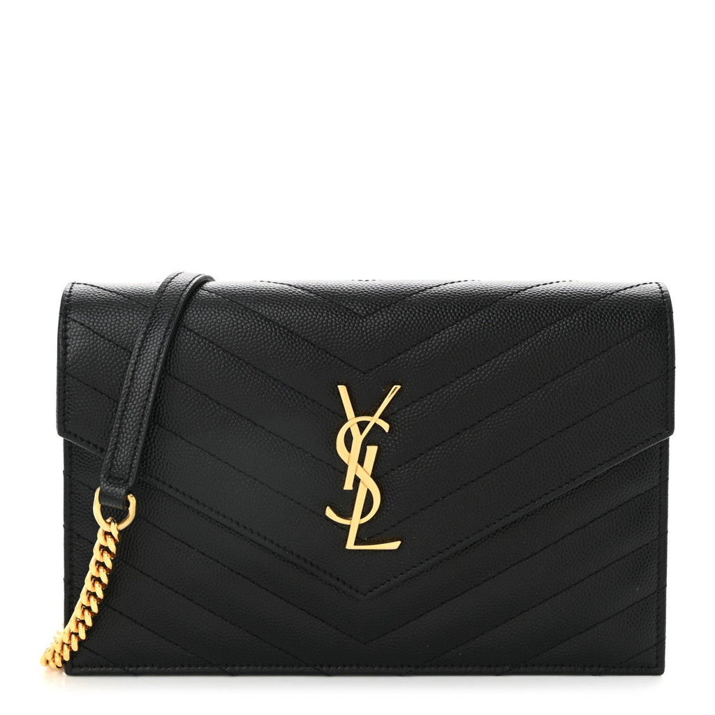 Grain De Poudre Matelasse Chevron Monogram Envelope Chain Wallet Black