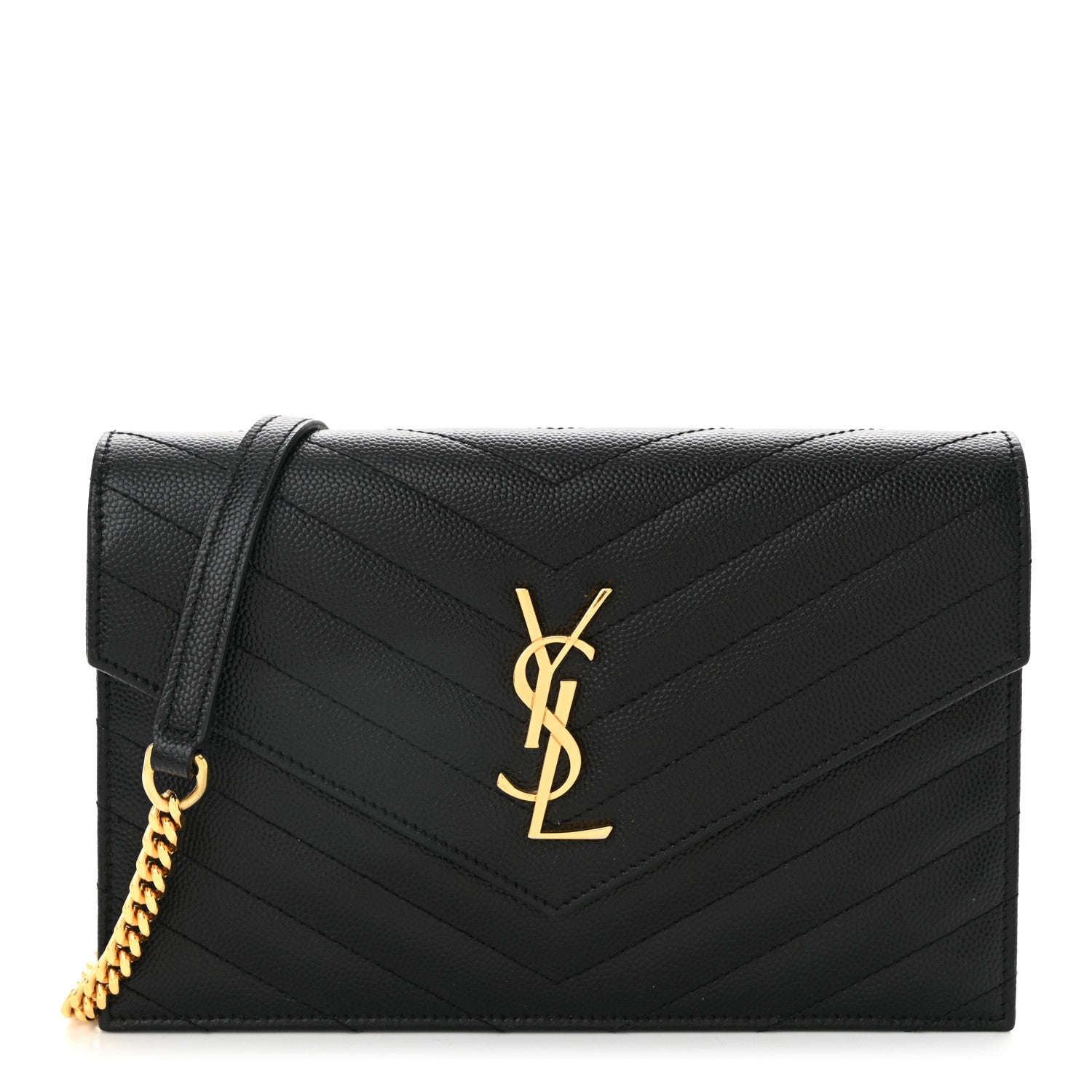 Grain De Poudre Matelasse Chevron Monogram Envelope Chain Wallet Black