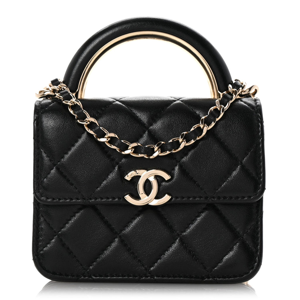 Lambskin Quilted Top Handle Flap Clutch With Chain Black