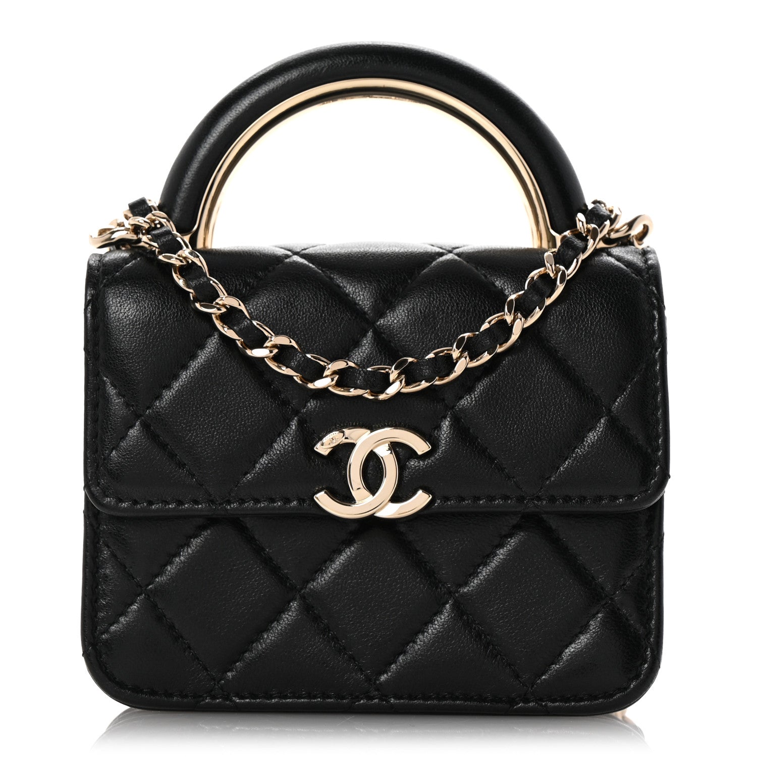 Lambskin Quilted Top Handle Flap Clutch With Chain Black