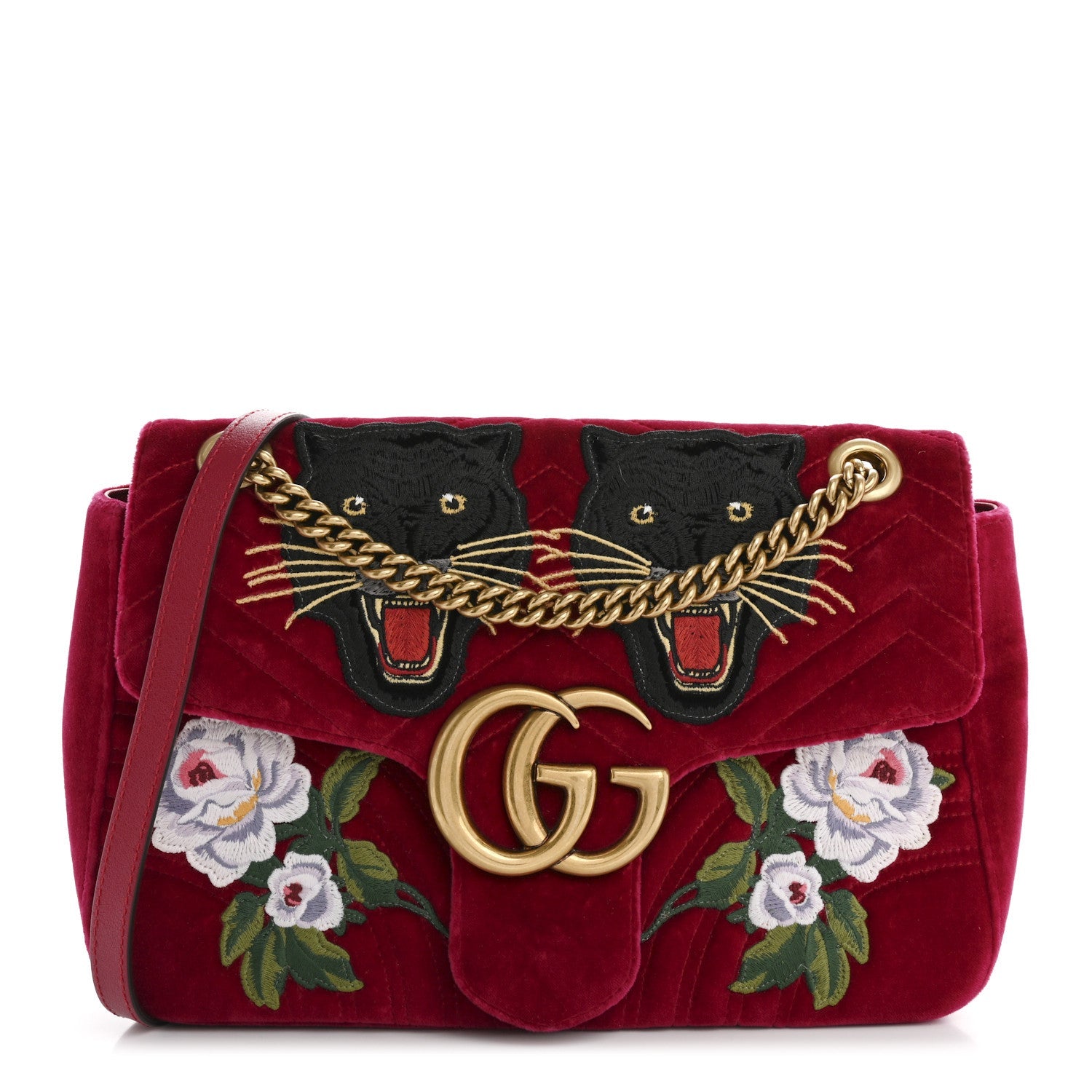 Velvet Matelasse Panther Embroidered Medium GG Marmont Shoulder Bag Raspberry Rose