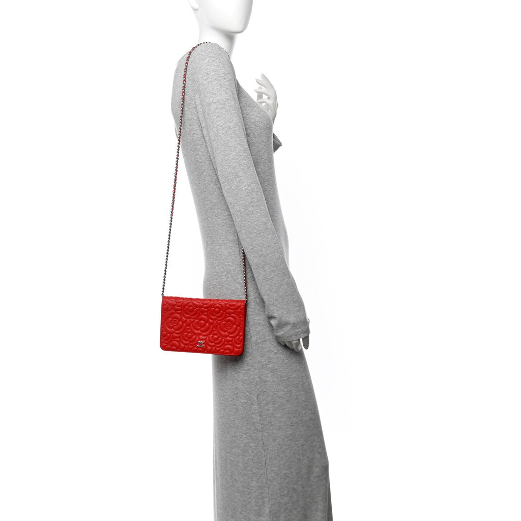 Lambskin Camellia Embossed Wallet on Chain WOC Red