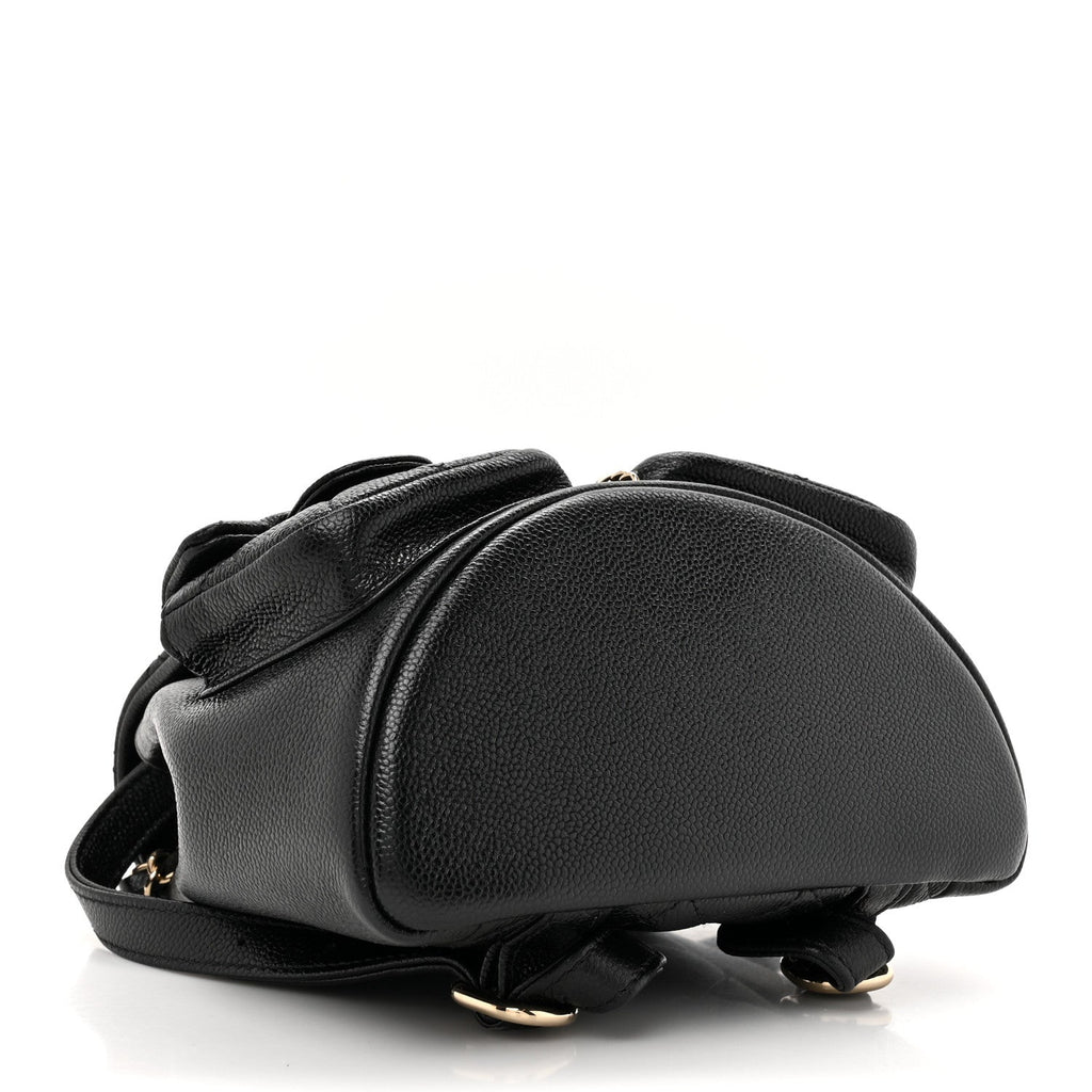 Shiny Caviar Quilted Small Duma Pockets Drawstring Backpack Black