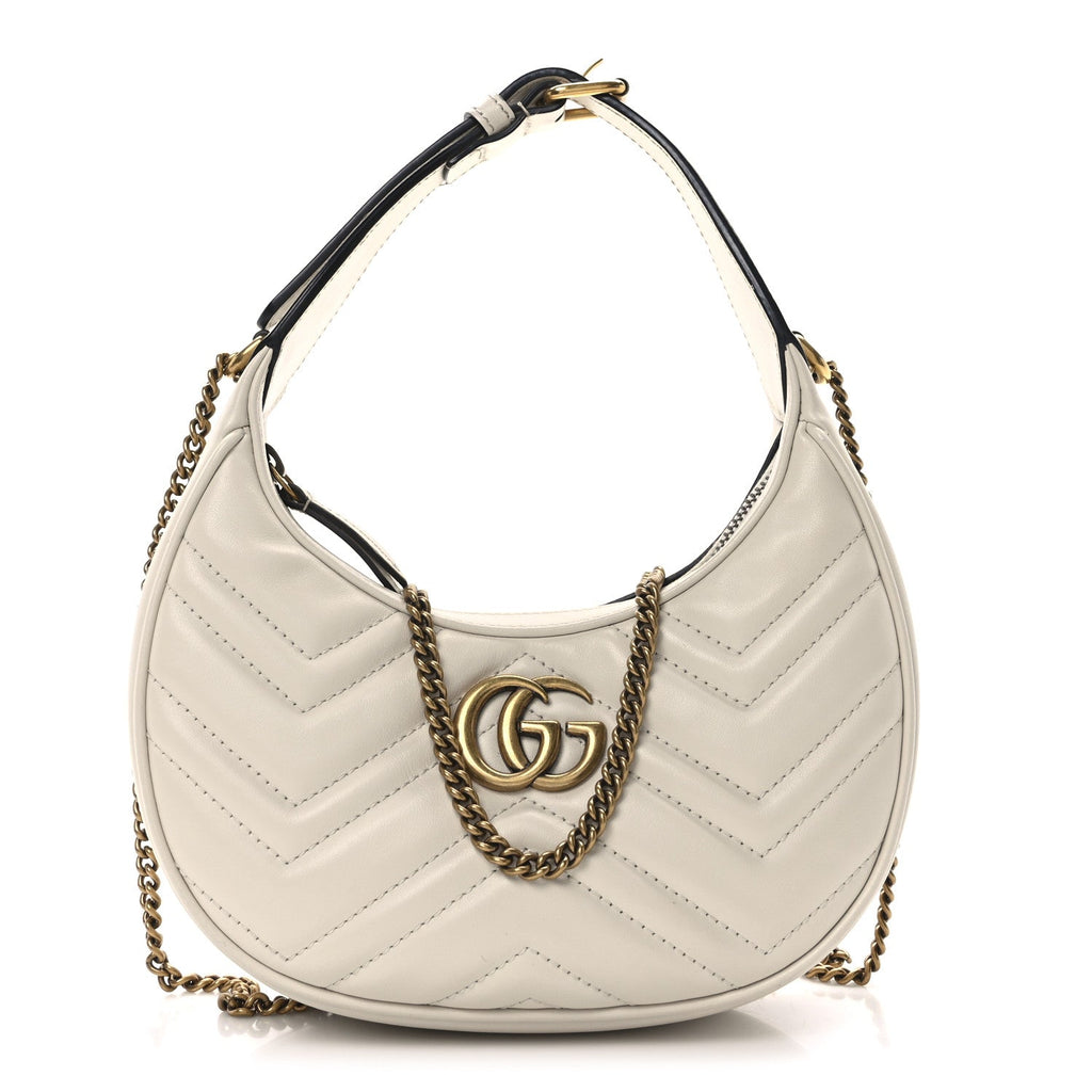 Calfskin Matelasse Chevron Mini GG Marmont Half Moon Hobo Mystic White