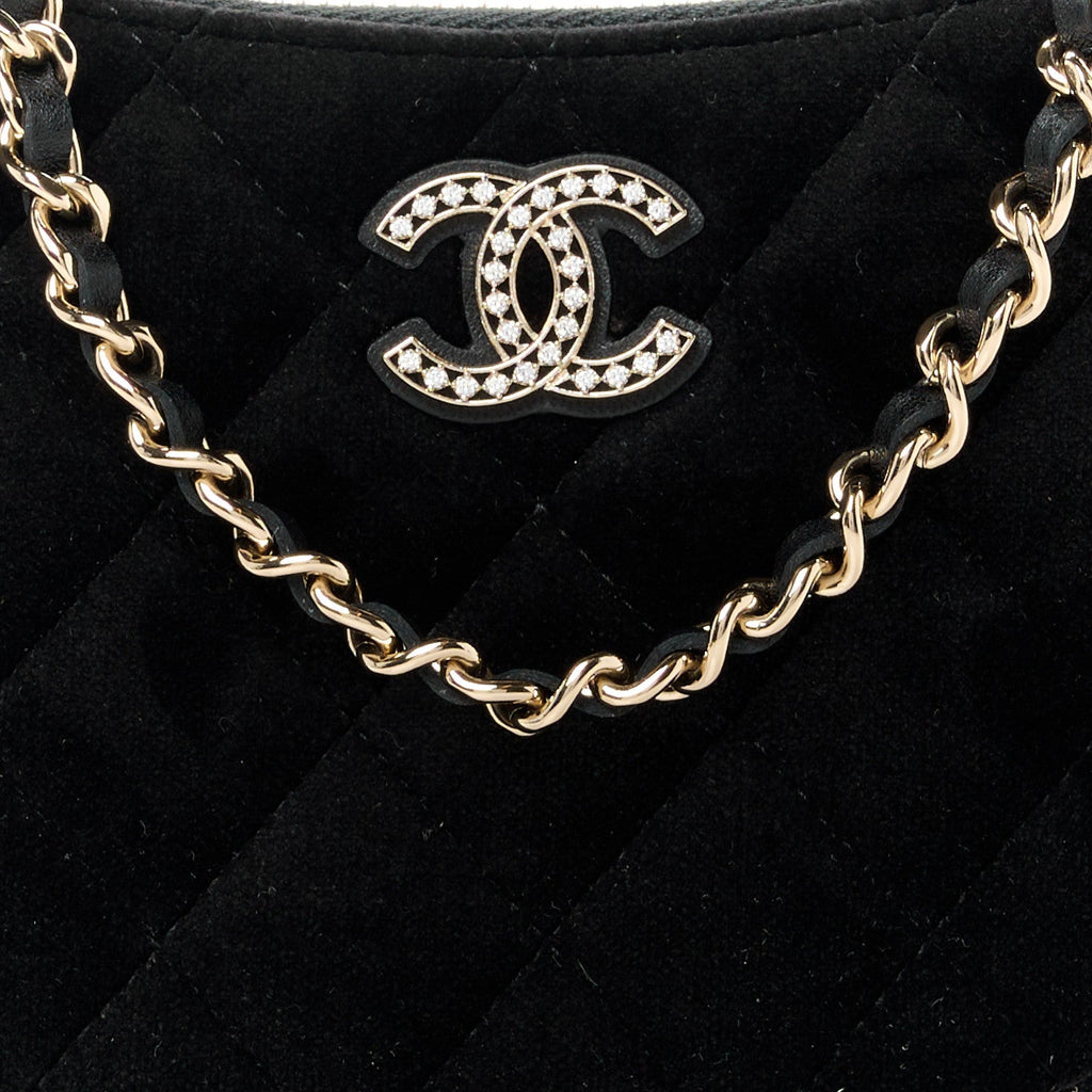 Velvet Crystal Quilted Chain Hobo Black