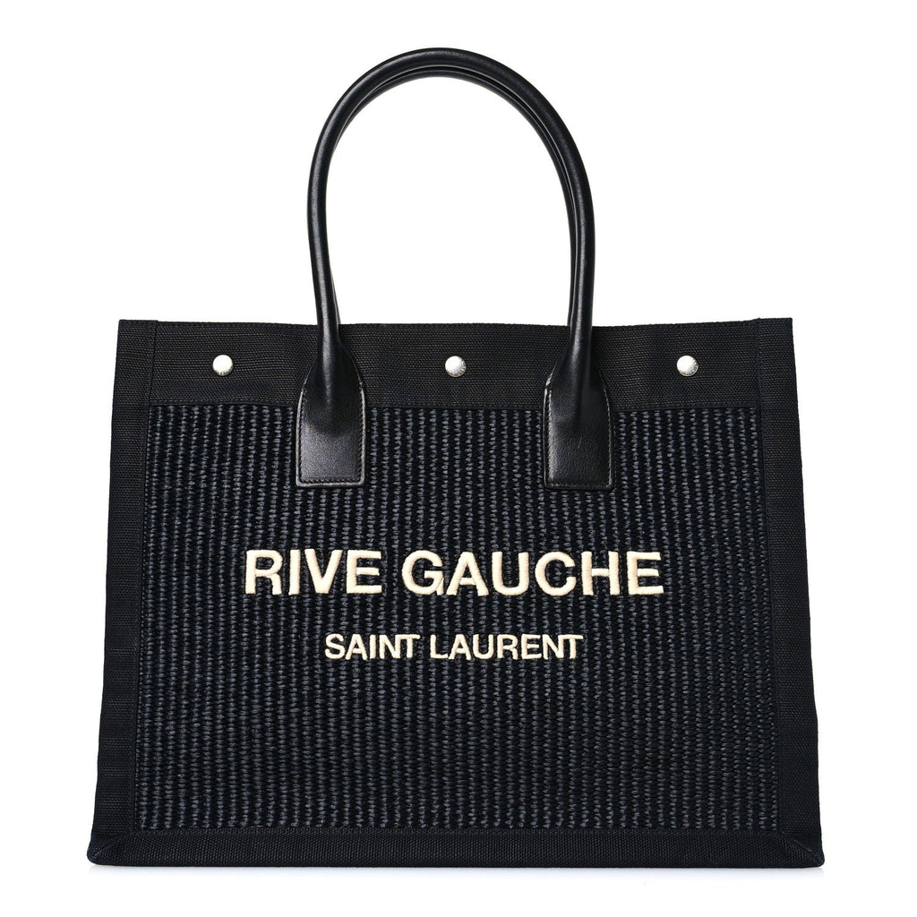 Raffia Linen Calfskin Small Rive Gauche Tote Black