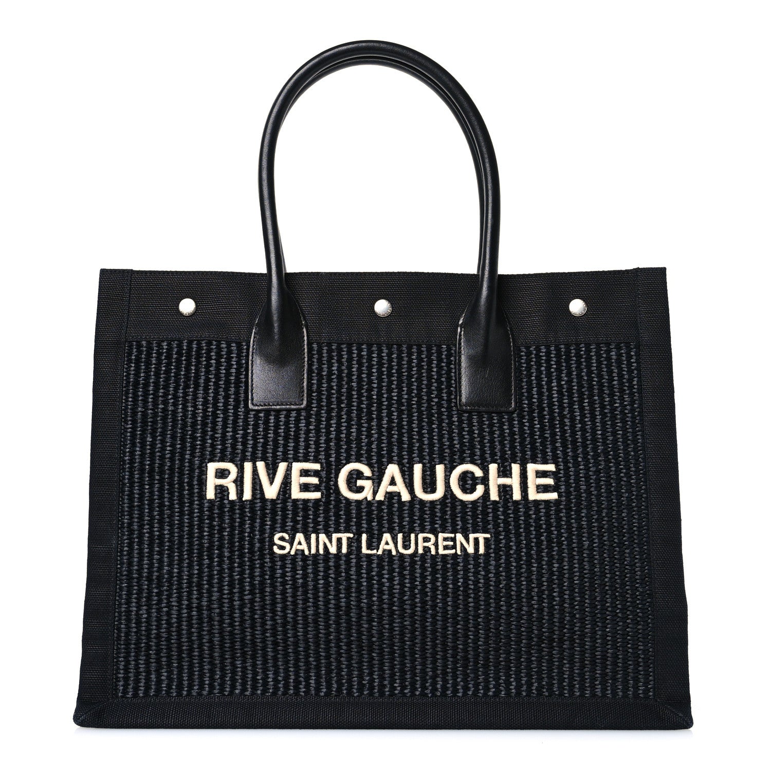 Raffia Linen Calfskin Small Rive Gauche Tote Black