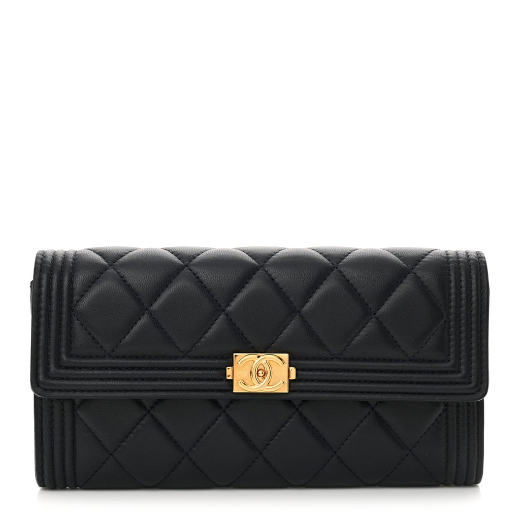 Lambskin Quilted Large Boy Gusset Flap Wallet Navy