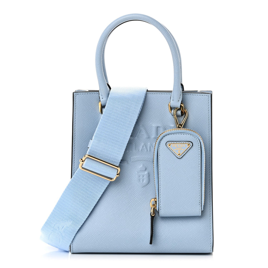 Saffiano Lux Small Double Handle Crossbody Tote Celeste