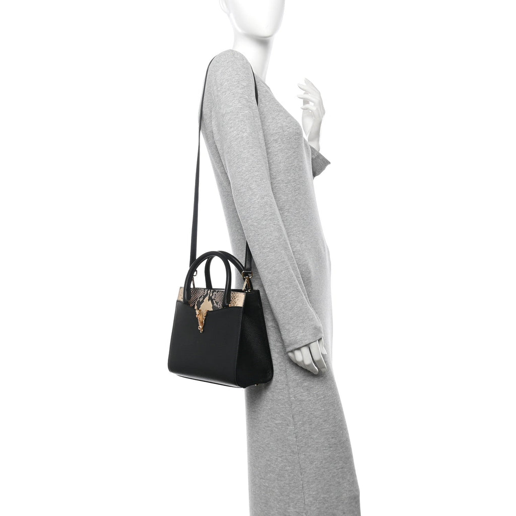 Grained Calfskin Snakeskin Embossed Virtus Top Handle Tote Black