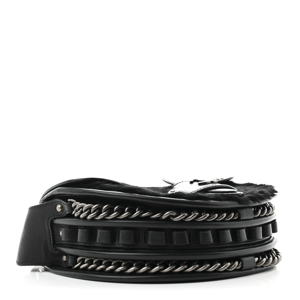 Pony Hair Calfskin Quilted Dallas Studded Saddle Bag Black