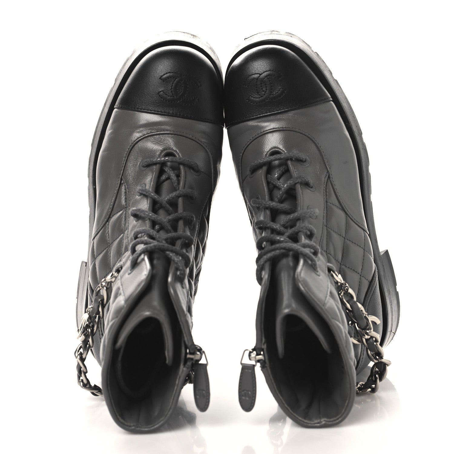Calfskin Quilted Chain Lace Up Combat Boots 36.5 Grey Black