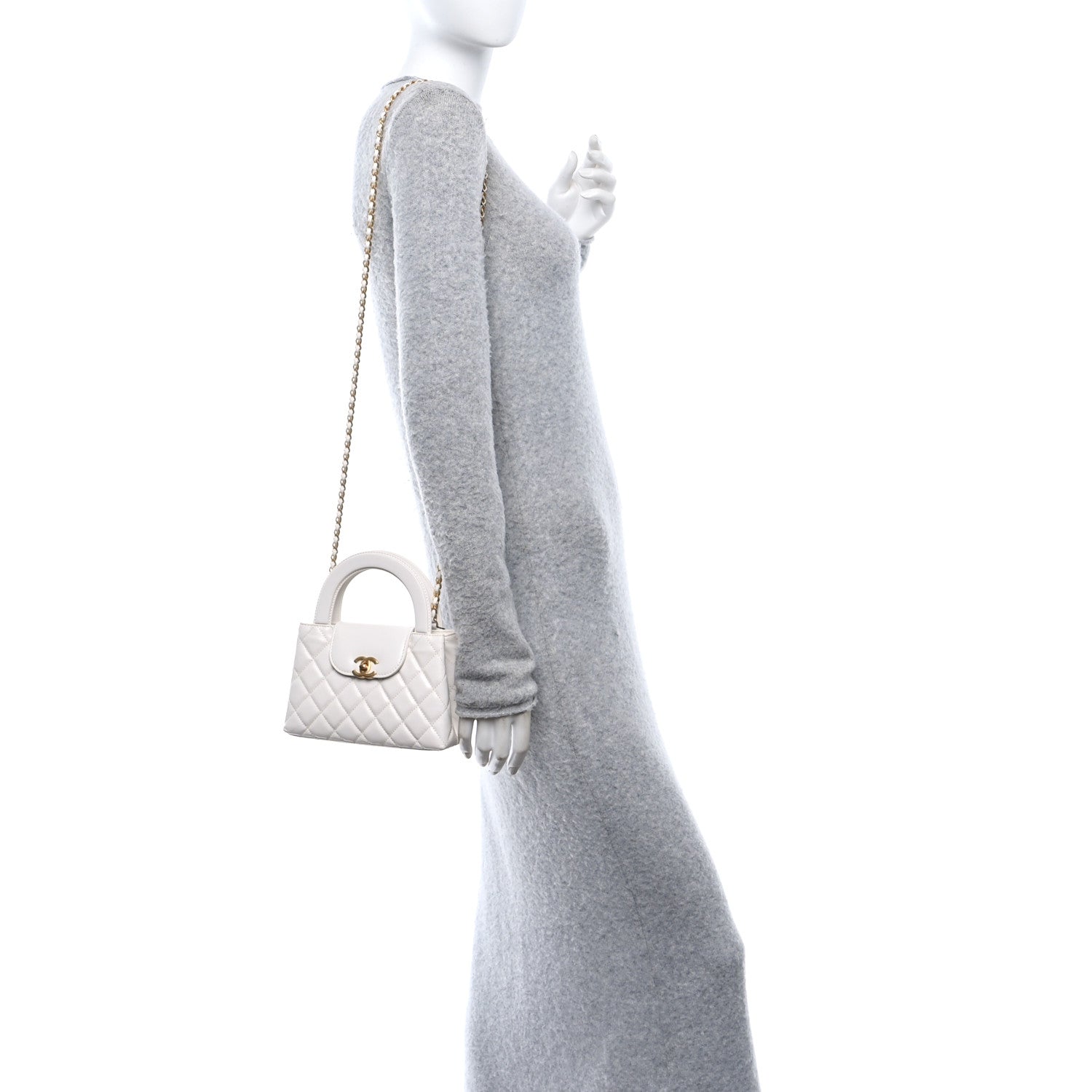 Shiny Aged Calfskin Quilted Nano Kelly Shopper White