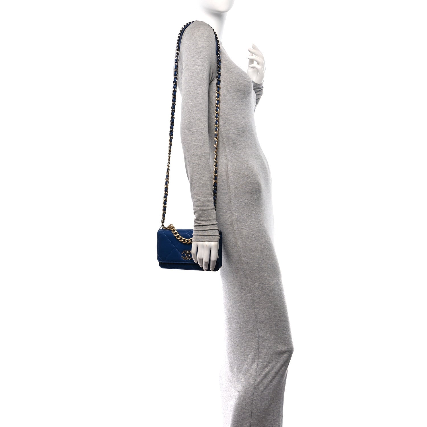 Shiny Goatskin Quilted Chanel 19 Wallet On Chain WOC  Blue