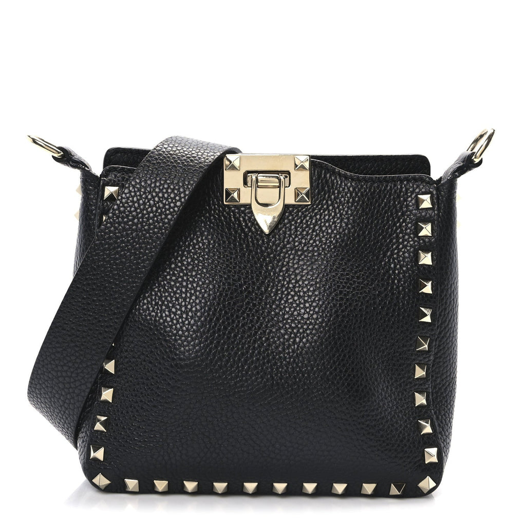 Pebbled Calfskin Mini Rockstud Flip-Lock Messenger Bag Black