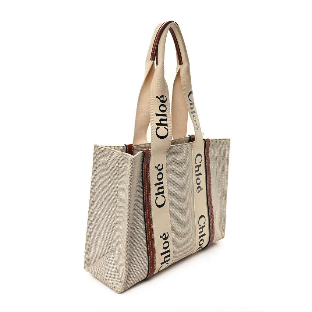 Linen Calfskin Medium Woody Ribbon Tote White Brown