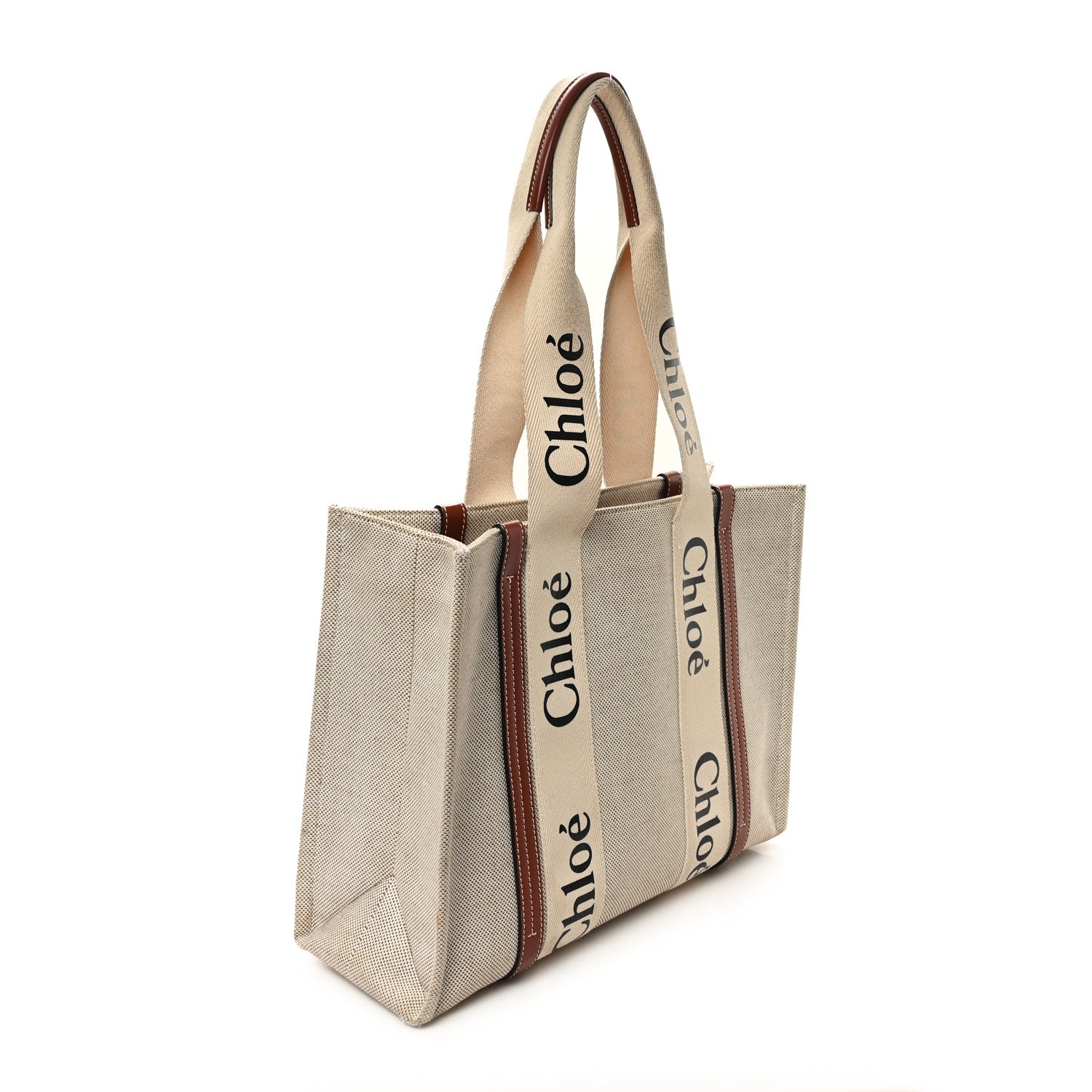 Linen Calfskin Medium Woody Ribbon Tote White Brown