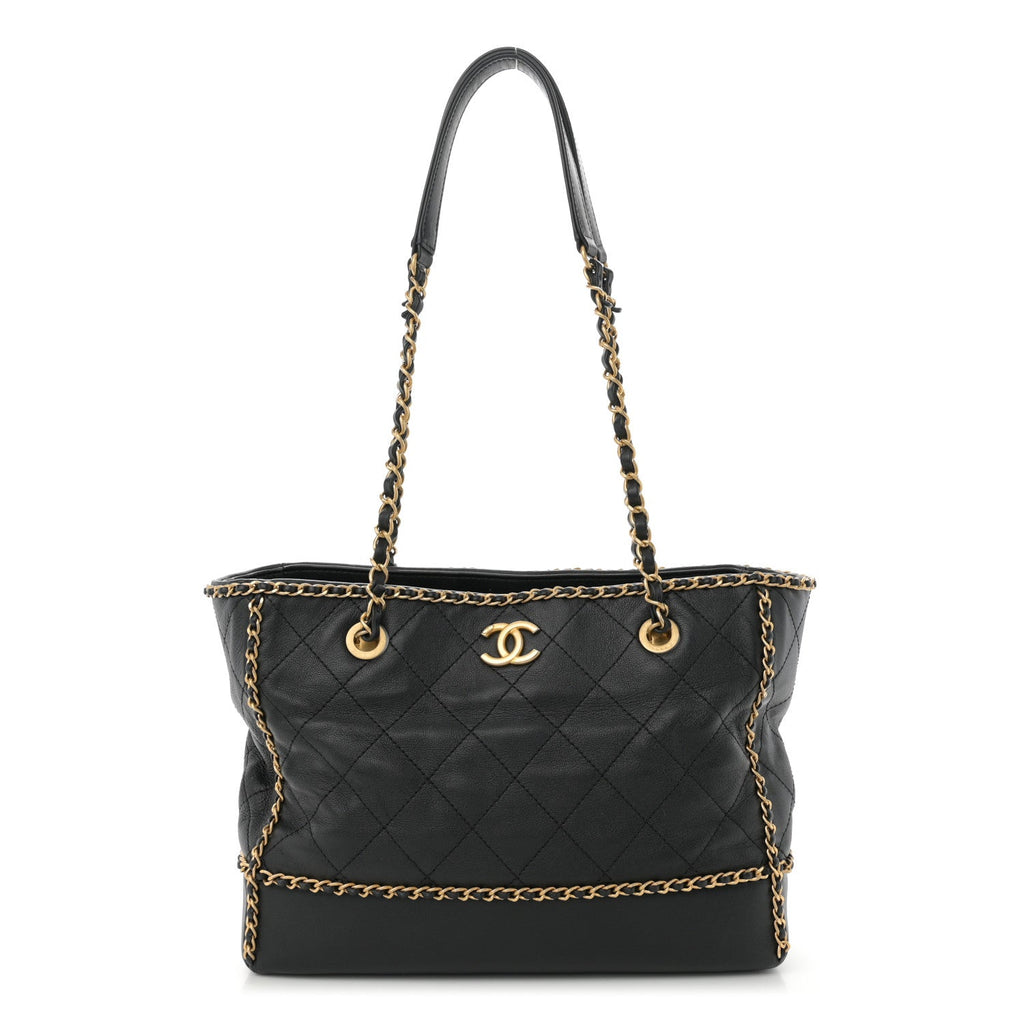 Calfskin Quilted Chain Lines Shopping Tote Black