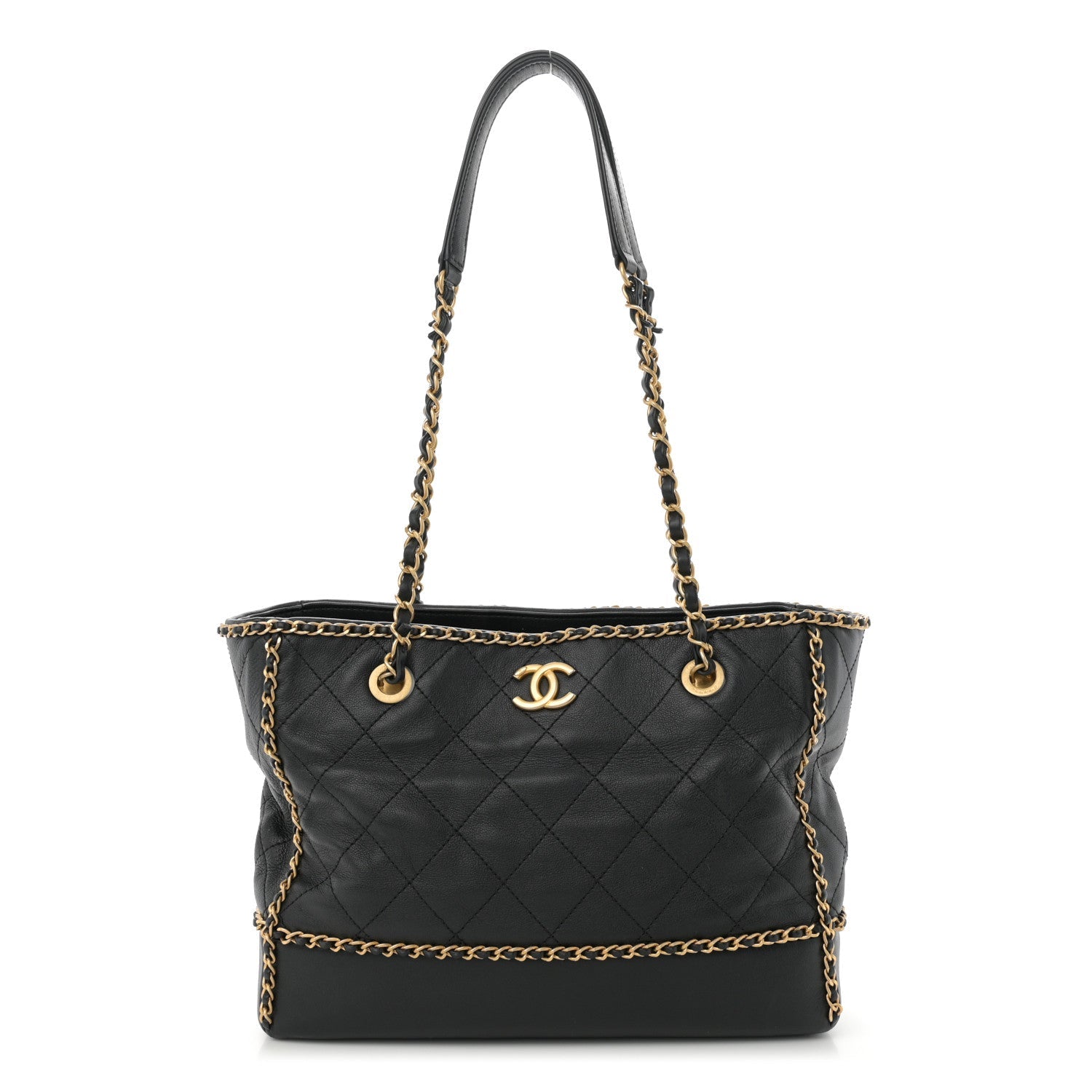 Calfskin Quilted Chain Lines Shopping Tote Black