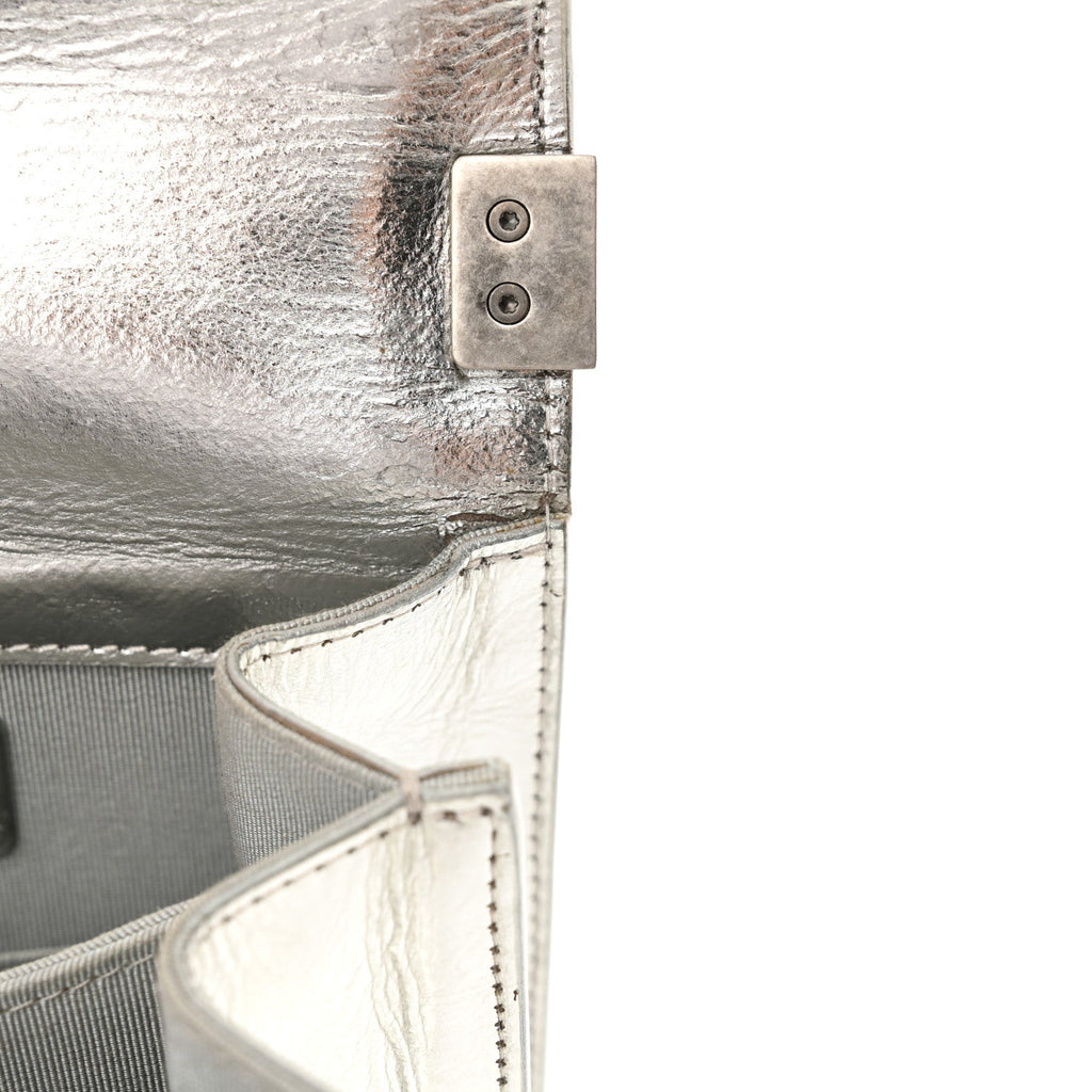Metallic Goatskin Quilted North South Boy Flap Silver