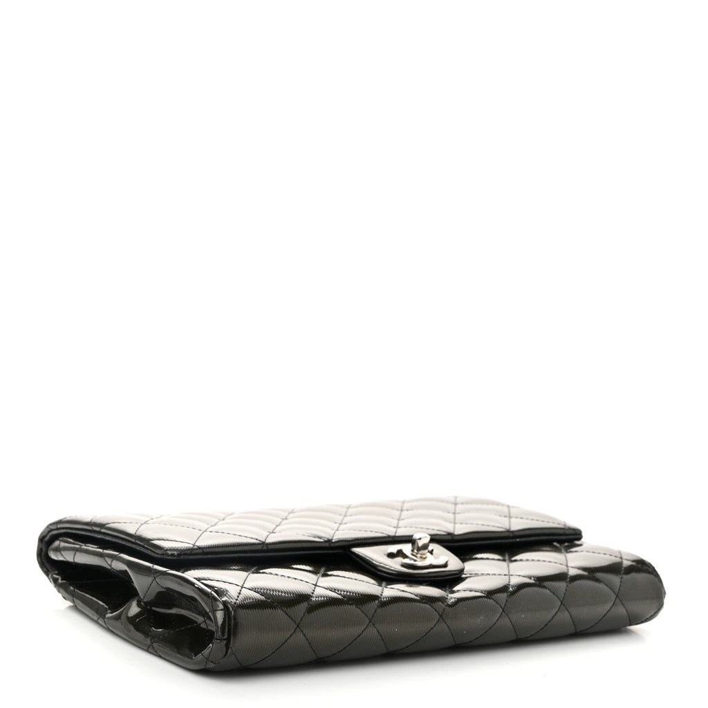 Striated Patent Quilted Clutch With Chain Flap Dark Grey
