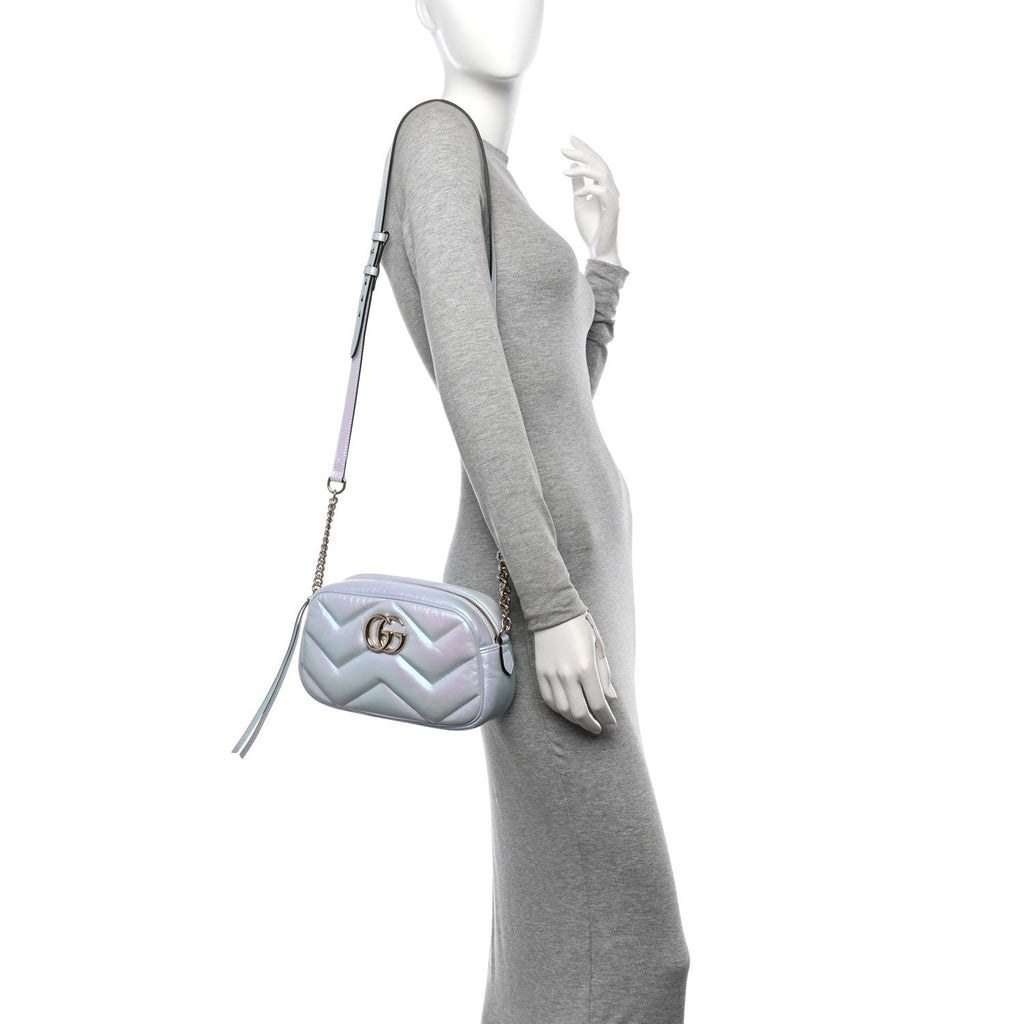 Iridescent Nappa Chevron Matelasse Small GG Marmont Chain Shoulder Bag Iridescent Snow Light Blue