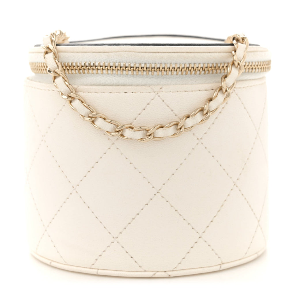 Lambskin Quilted Round Small Vanity Case With Chain White Black
