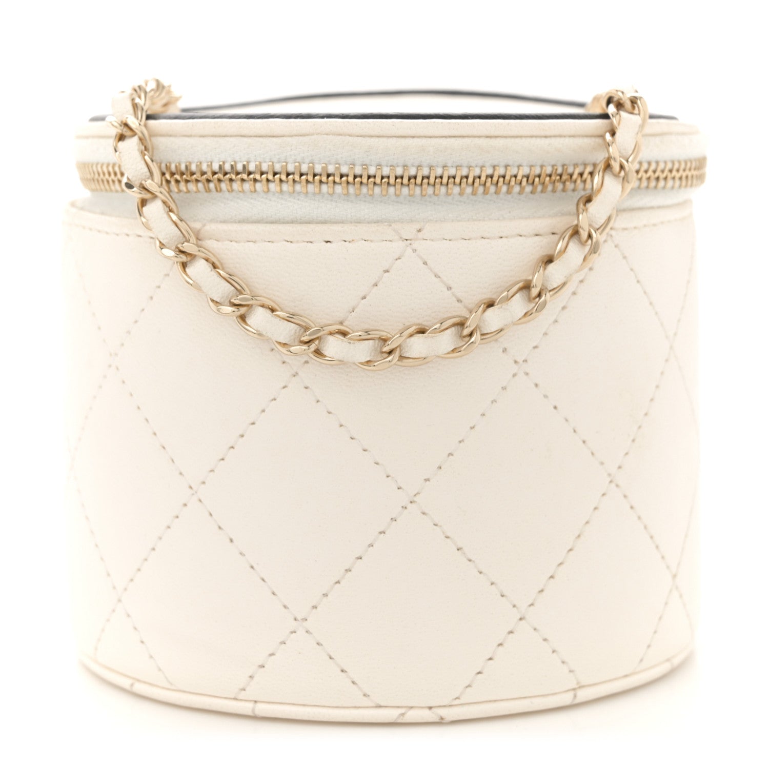 Lambskin Quilted Round Small Vanity Case With Chain White Black
