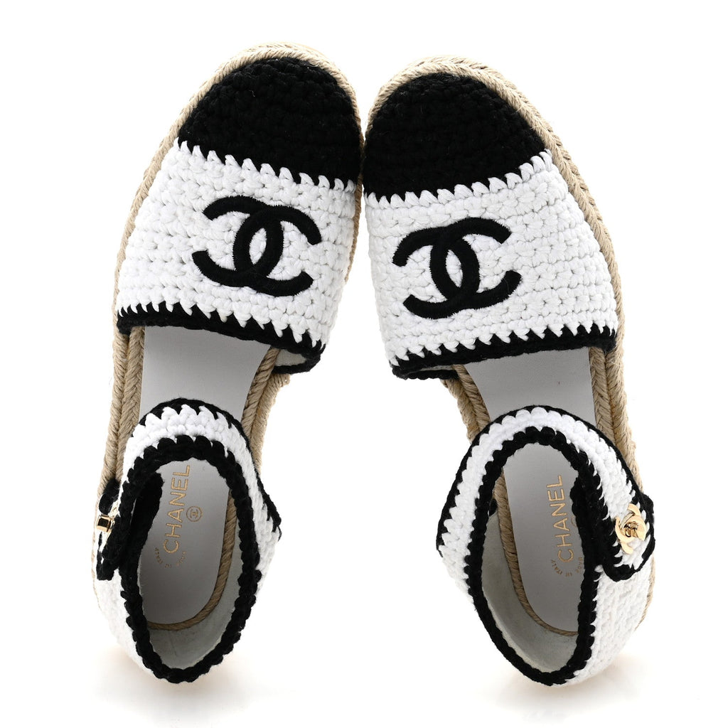 Braided Knit Cap Toe CC Ankle Strap Espadrilles 39 White Black