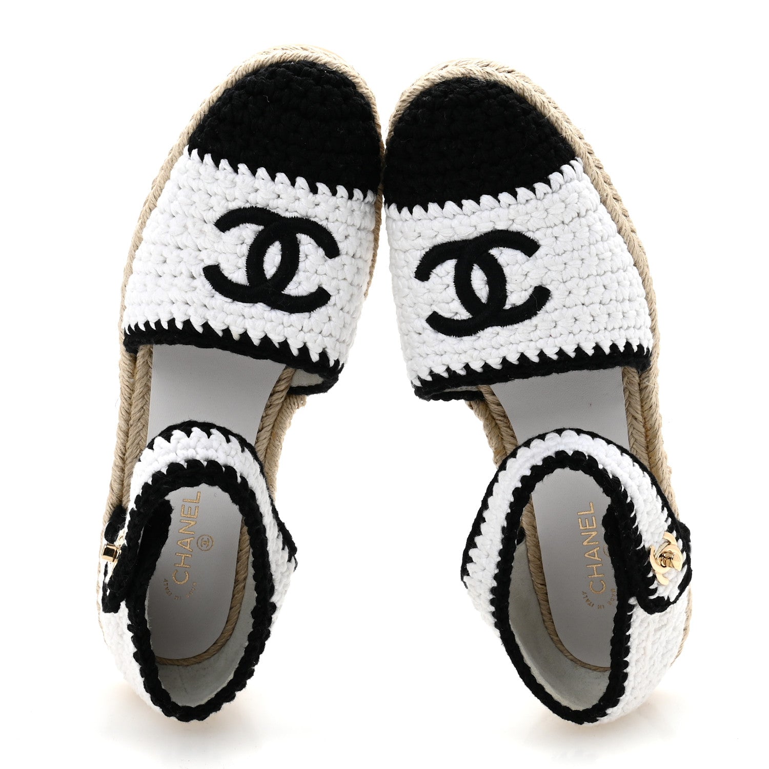 Braided Knit Cap Toe CC Ankle Strap Espadrilles 39 White Black