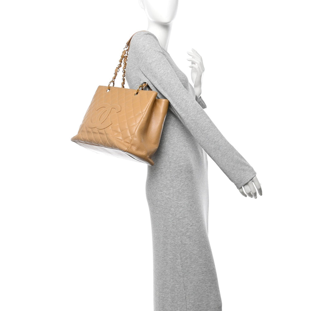 Caviar Quilted Grand Shopping Tote GST Dark Beige