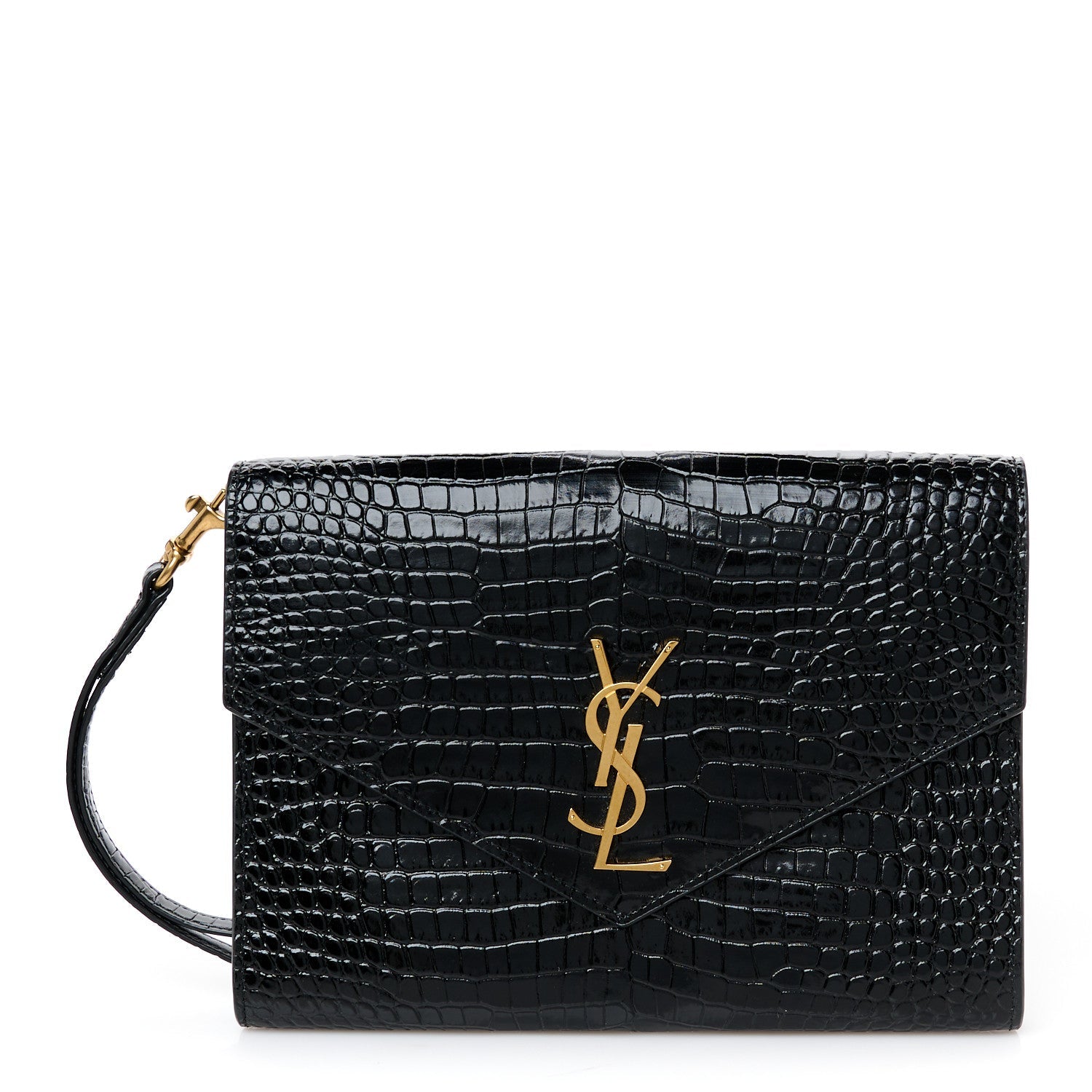 Calfskin Crocodile Embossed Monogram Cassandre Flap Pouch Black