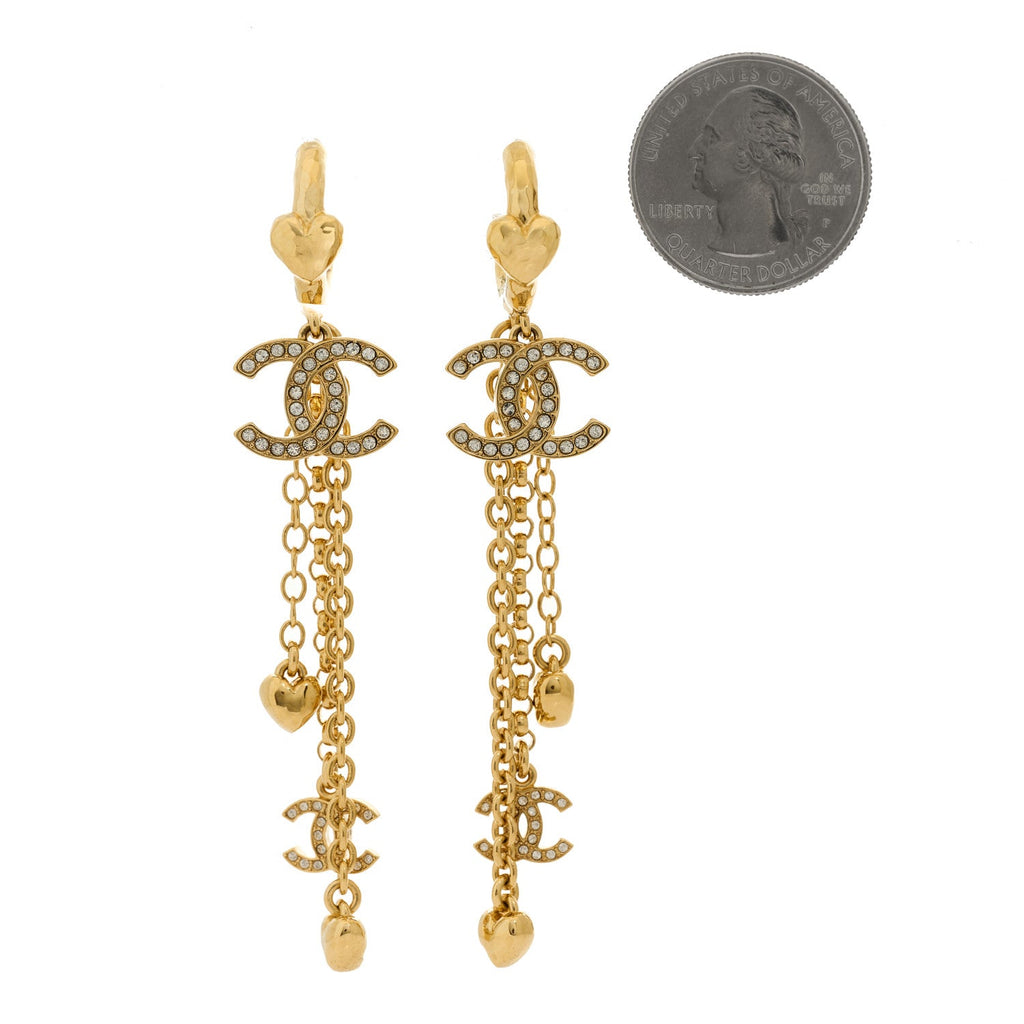 Metal Crystal CC Drop Heart Chain Earrings Gold