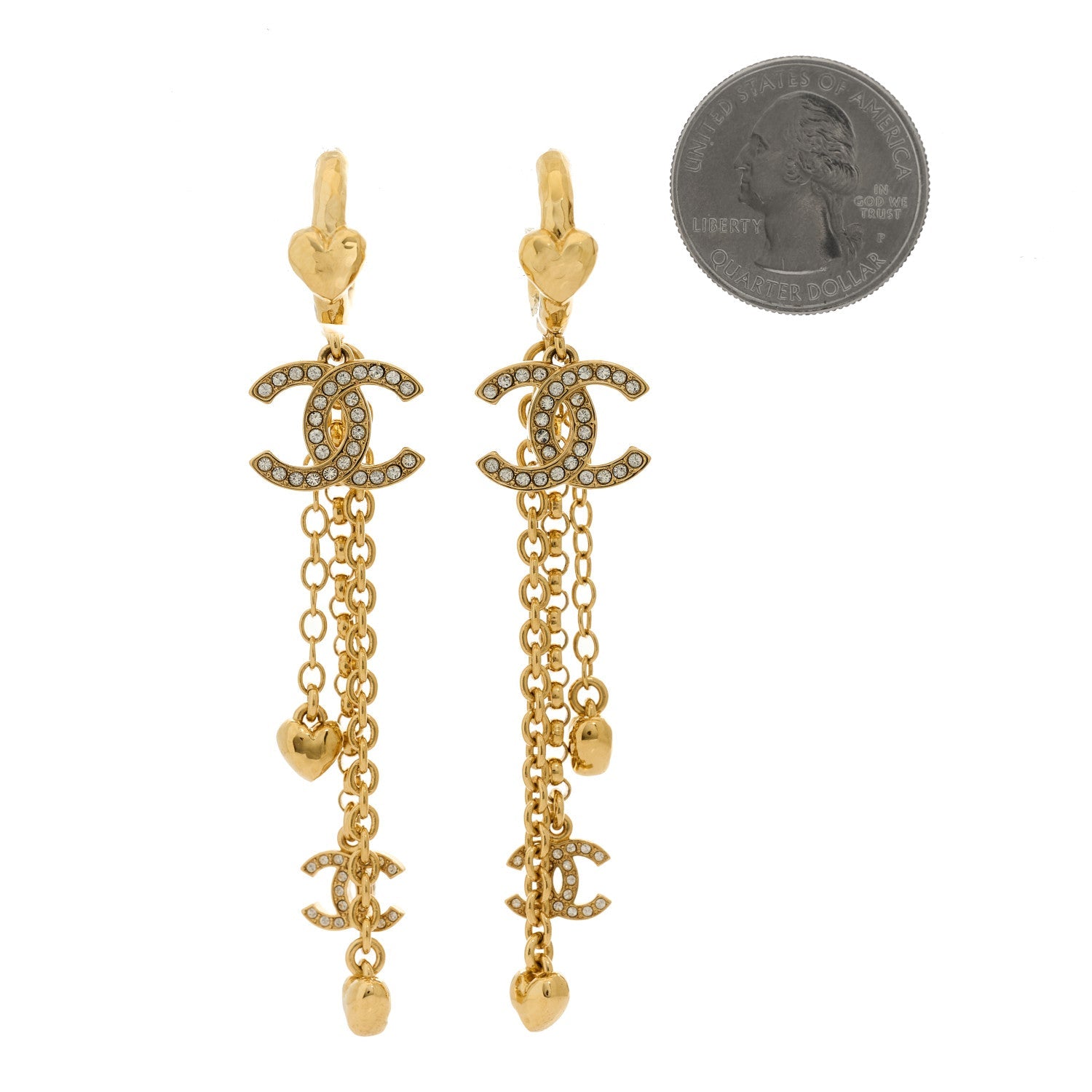 Metal Crystal CC Drop Heart Chain Earrings Gold