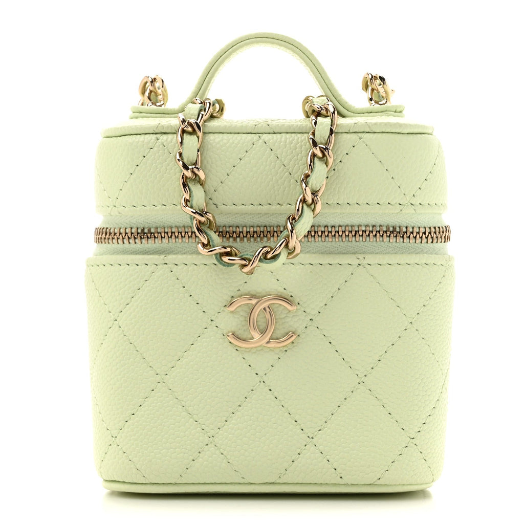 Caviar Quilted Small Handle With Care Vanity Case With Chain Light Green